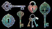 Ornate vintage keys, heart padlock, and keyhole set isolated on transparent background, ready for stickers, t-shirt design, print on demand, and sublimation crafts.