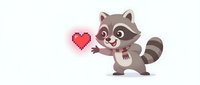 Cute cartoon raccoon character holding red pixel heart on white background isolated for greeting cards and romantic designs.