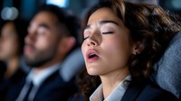 Asian businesswoman sleeping in airplane seat during business travel flight, showing fatigue and jet lag while wearing formal attire.