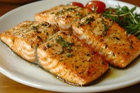 Grilled salmon fillets with herbs and cherry tomatoes on white plate, healthy seafood dinner meal for restaurant menu and cooking content.