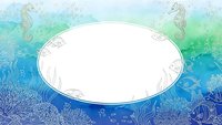 Underwater ocean frame with seahorses, coral reefs and marine life elements surrounding white oval space for text or design content.