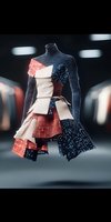 Futuristic fashion design featuring wireframe mannequin wearing asymmetrical dress in coral, navy and cream with geometric patterns and starry details on dark background.