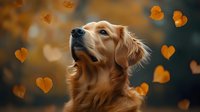 Golden retriever dog looking up with dreamy expression surrounded by falling orange heart-shaped autumn leaves against dark blurred background. Romantic fall season pet portrait.