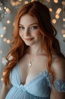 Young redhead woman in elegant blue dress with warm bokeh lights background for luxury fashion and beauty concepts.