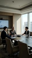 Three business professionals in formal attire engaged in discussion at a conference table in a modern high-rise office with city skyline views and digital display screen for corporate meetings.