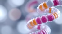 Colorful DNA double helix structure in pink and orange tones against blurred background shows genetic research and biotechnology advancement in medical science.