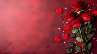 Red roses and heart decorations on dark red background with copy space, romantic Valentine's day or anniversary celebration concept for greeting cards.