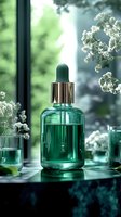Green glass dropper bottle with essential oil or serum against blurred natural background with delicate white flowers, reflecting wellness and natural cosmetics concept.
