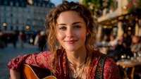 Young woman with curly brown hair smiling warmly at outdoor cafe during golden hour. Casual bohemian style clothing perfect for lifestyle marketing.
