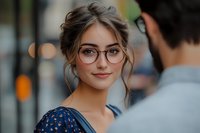 Young woman with glasses and updo hairstyle wearing blue polka dot dress smiles warmly during conversation. Soft bokeh background creates intimate atmosphere.