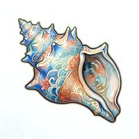 Ornate conch shell with intricate decorative patterns, swirling designs, and vibrant blue, orange, and cream colors. Isolated clipart suitable for marine-themed designs, t-shirts, and creative projects.