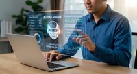 Asian businessman using laptop with holographic AI robot advisor interface displaying data analytics and artificial intelligence technology in modern office.