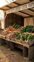 Rustic wooden farm stand displaying fresh organic vegetables including carrots, leafy greens, and root crops under a weathered pergola with signage for local farm produce sales.