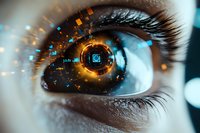 Futuristic close-up of human eye with digital technology elements, glowing orange and blue interface reflections showing advanced biometric scanning concept.