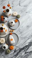 Autumn table setting with orange flowers, white pumpkins and ceramic dishes on marble background for seasonal dining and fall home decor styling.