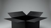 Open black cardboard box with flaps extended on gradient background for packaging and shipping concepts.
