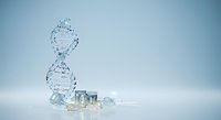 DNA double helix structure made of water droplets and splashes with miniature house model, representing genetic research, biotechnology, and real estate development concepts.