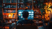 Young Asian man watching multiple screens in cozy home office with bookshelves and warm ambient lighting, view from behind creating atmospheric evening mood.