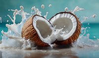 Fresh coconut halves with explosive milk splash on turquoise background, dynamic food photography capturing moment of impact and liquid motion.