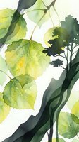 Watercolor painting of green tree branches with leaves in soft natural tones for botanical art, nature illustration and organic design projects.