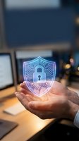 Glowing neon shield with padlock icon held in hand against blurred office background, representing cybersecurity, data protection, and digital safety for tech concepts.