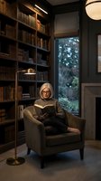 Mature Caucasian woman with glasses reading book in cozy home library with floor-to-ceiling bookshelves, warm lighting and comfortable armchair by window.