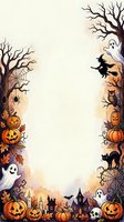 Halloween border frame with pumpkins, ghosts, spiders, black cats, bare trees and autumn leaves on cream background for seasonal greeting cards and invitations.