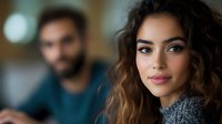 Young mixed race woman with curly brown hair and natural makeup smiling at camera, with blurred male figure in background. Lifestyle portrait in soft lighting.