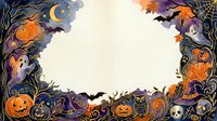 Halloween decorative border frame with pumpkins, bats, skulls, spider webs and autumn leaves on cream background for seasonal design projects.