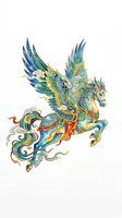 Ornate mythical winged horse with intricate blue, green, and gold decorative patterns, isolated on transparent background. Ready for t-shirts, clipart, stickers, sublimation, and print-on-demand designs.
