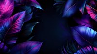 Vibrant neon palm leaves frame dark background in purple and blue gradient colors creating mystical tropical mood for fashion and luxury designs.