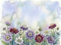 Watercolor wildflowers in purple, burgundy and white bloom against a soft pastel sky background with copy space for text or design.