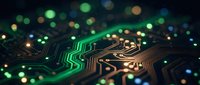 Circuit board with glowing green and gold pathways, bokeh lights, technology and data flow concept for digital innovation, computing, electronics, and futuristic tech design.