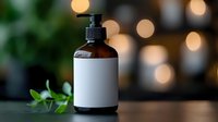 Amber glass pump bottle with blank white label on wooden surface with soft bokeh lights and green plant leaves in background for skincare branding mockup.