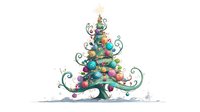 Whimsical Christmas tree with colorful ornaments and swirling branches on white background, decorated with blue, pink, and teal baubles for holiday designs.