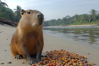 Curious capybara sitting on tropical beach near pile of colorful fruits and berries against river landscape with palm trees, close up view of largest rodent in natural habitat.