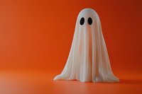 White ghost figure with black eyes on vibrant orange background, minimal spooky decoration for Halloween season and festive designs.