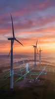 Wind turbines with digital network connections at sunset showcasing renewable energy technology and smart grid infrastructure for sustainable power generation.