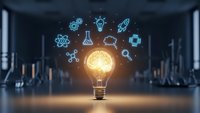Glowing light bulb with innovation icons in modern office space representing creativity, technology and business solutions for corporate presentations.
