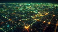 Aerial night view of urban metropolis with glowing grid of streets and buildings creating a luminous network across the vast cityscape.