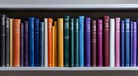 Colorful hardcover books arranged in rainbow order on wooden shelf, spines showing various sizes and thicknesses creating organized library display pattern.