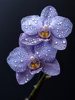 Purple orchid flowers with water droplets on petals against dark background, showcasing delicate texture and natural moisture.