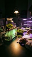 Scientist conducting plant research experiment in modern laboratory with test tubes, moss samples, and specialized lighting equipment for botanical studies.