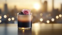 Elegant cocktail with pink rose garnish against blurred city sunset skyline and bokeh lights, dark layered drink in lowball glass on reflective surface.