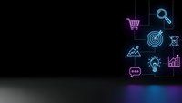 Neon business icons glowing on dark background with copy space for marketing and e-commerce presentations.