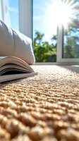 Open book lying on soft beige carpet near sunny window with green trees view outside, creating cozy reading atmosphere with natural morning light.