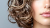 Close-up view of wavy highlighted brown hair and pink glossy lips against light gray background, showcasing modern hairstyling and beauty trends.