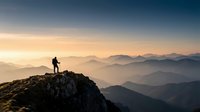 Silhouette of hiker standing on rocky mountain peak at sunrise with layered mountain ranges in misty background, adventure and exploration concept.