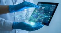 Healthcare professional in blue gloves holding digital network connections above tablet displaying medical data and analytics for telemedicine applications.