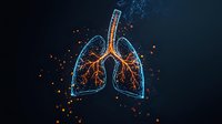 Glowing digital lungs with orange and blue neon effect on dark background, depicting respiratory system anatomy with luminous particles and wireframe structure.